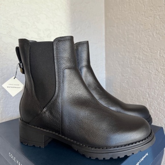 Cole Haan Camea Waterproof Leather Combat Boot,  Block Heel Black, Size 9.5 NWT - Picture 7 of 16